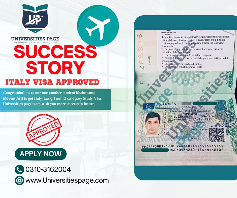 Success Story for Italy study visa by Universities page visa consultant in pakistan