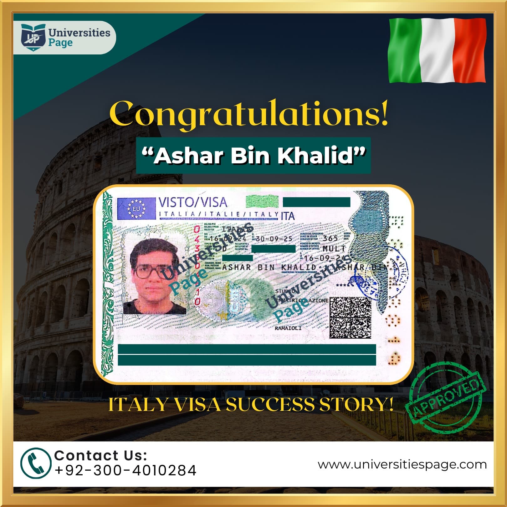 Success Story for Italy study visa by Universities page visa consultant in pakistan