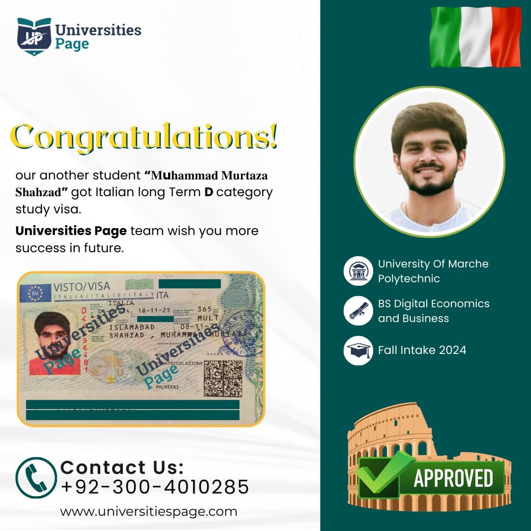 Success Story for Italy study visa by Universities page visa consultant in pakistan
