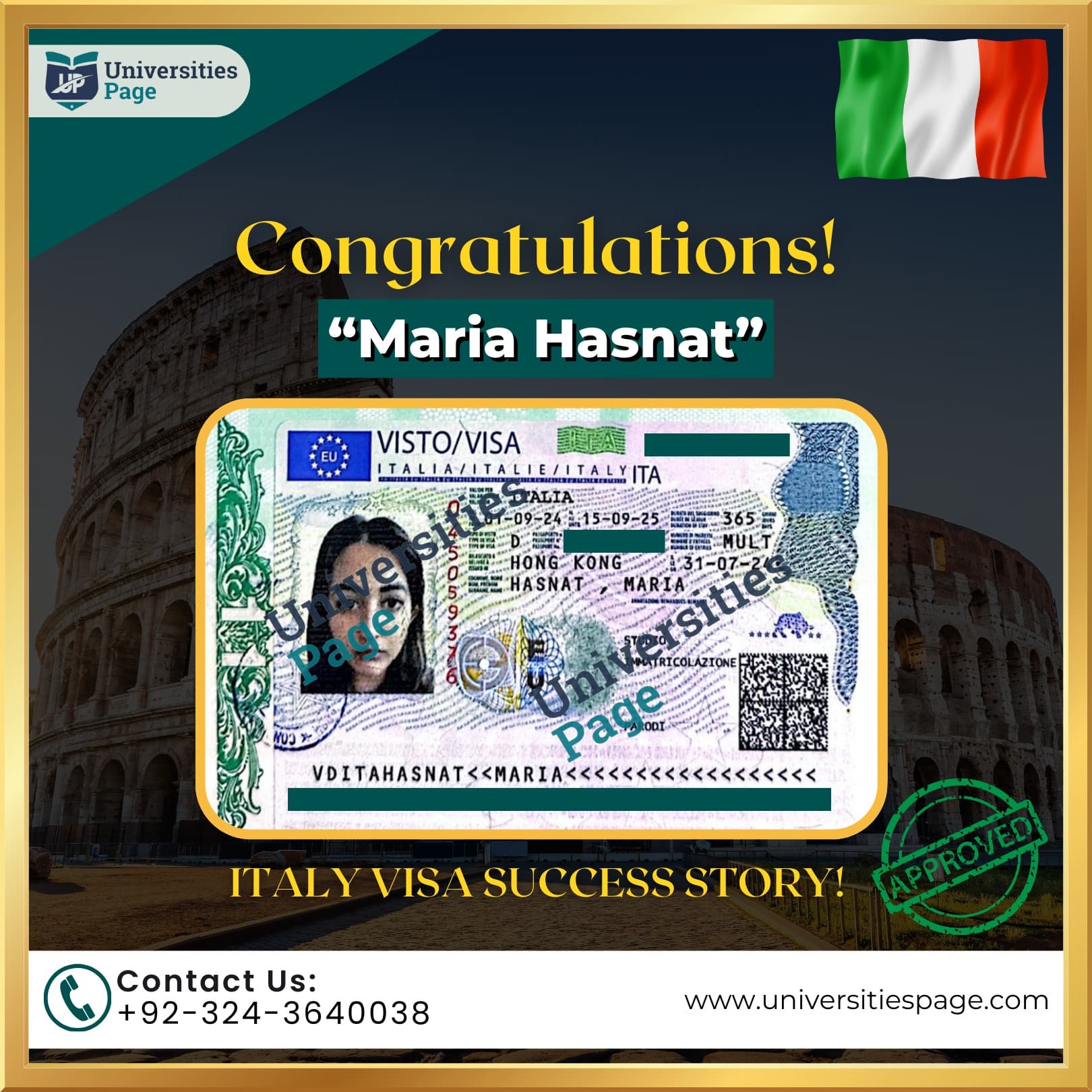 Success Story for Italy study visa by Universities page visa consultant in pakistan