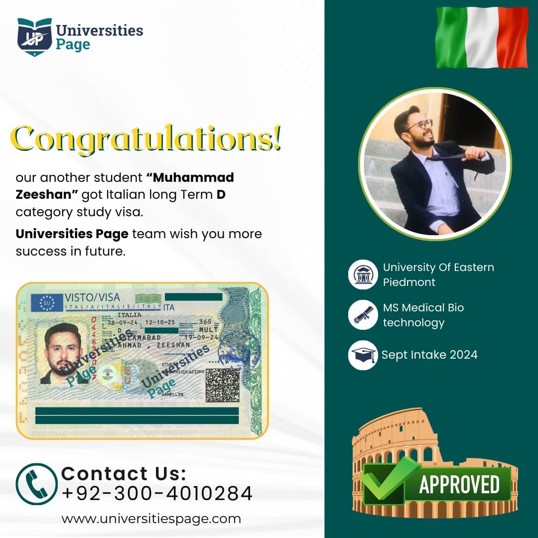 Success Story for Italy study visa by Universities page visa consultant in pakistan
