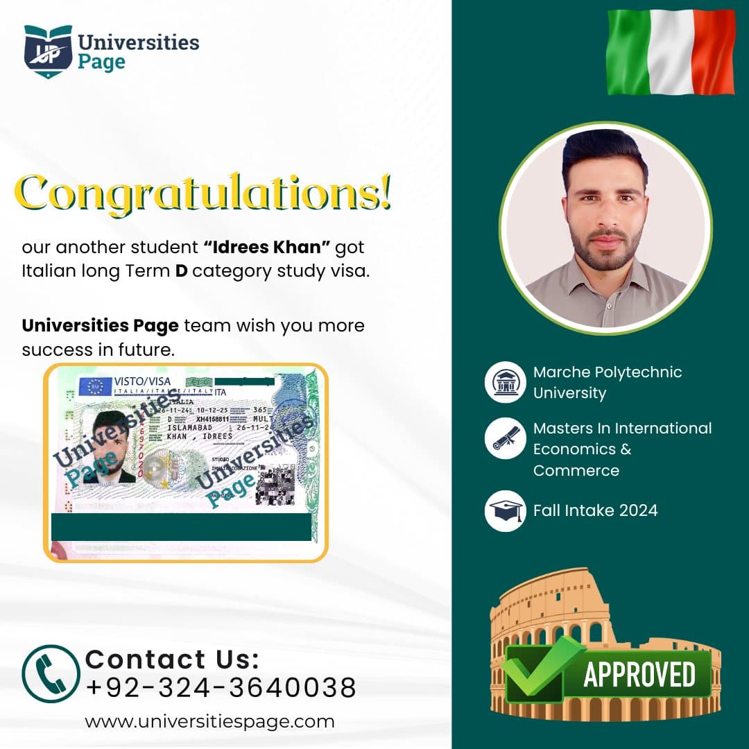 Success Story for Italy study visa by Universities page visa consultant in pakistan