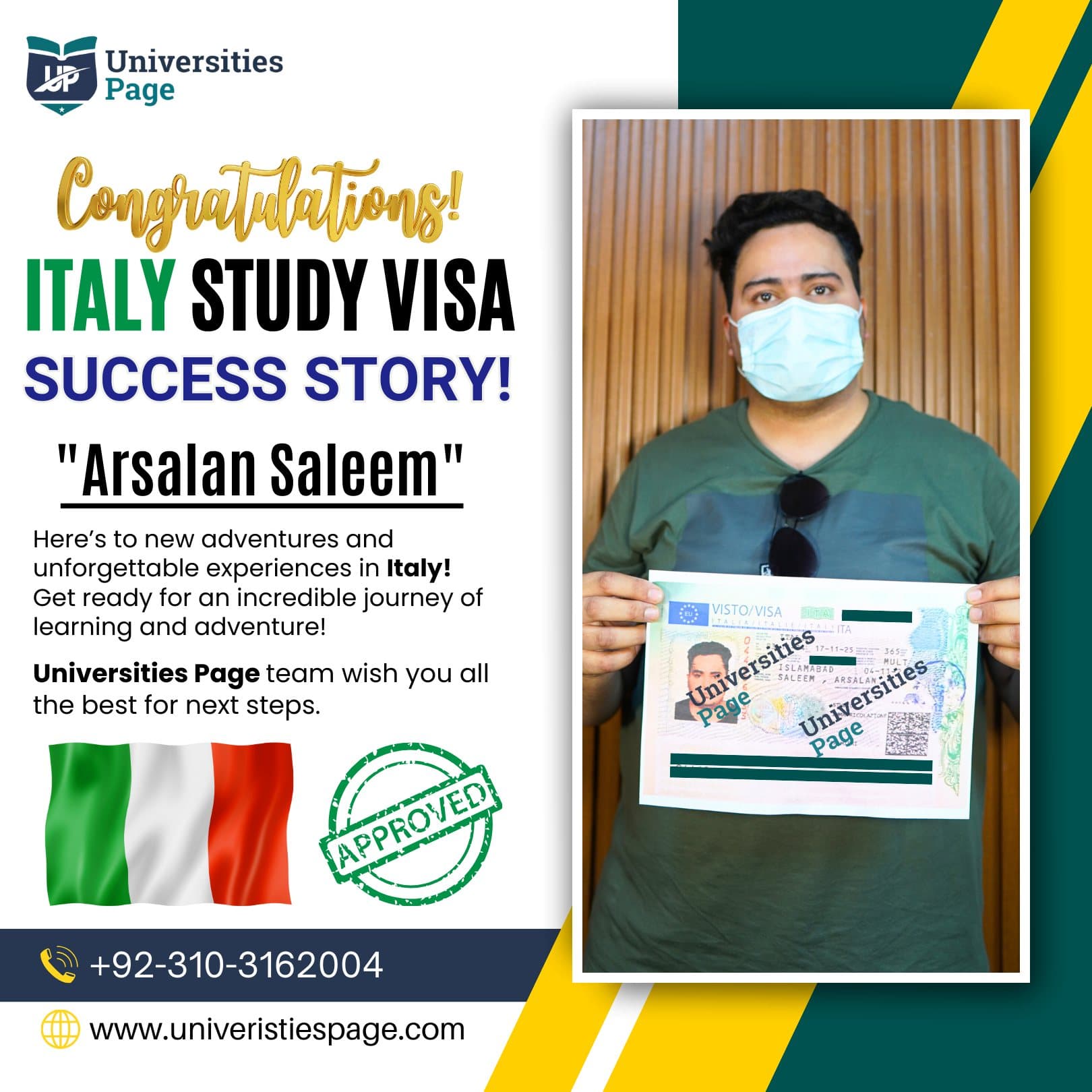 Success Story for Italy study visa by Universities page visa consultant in pakistan