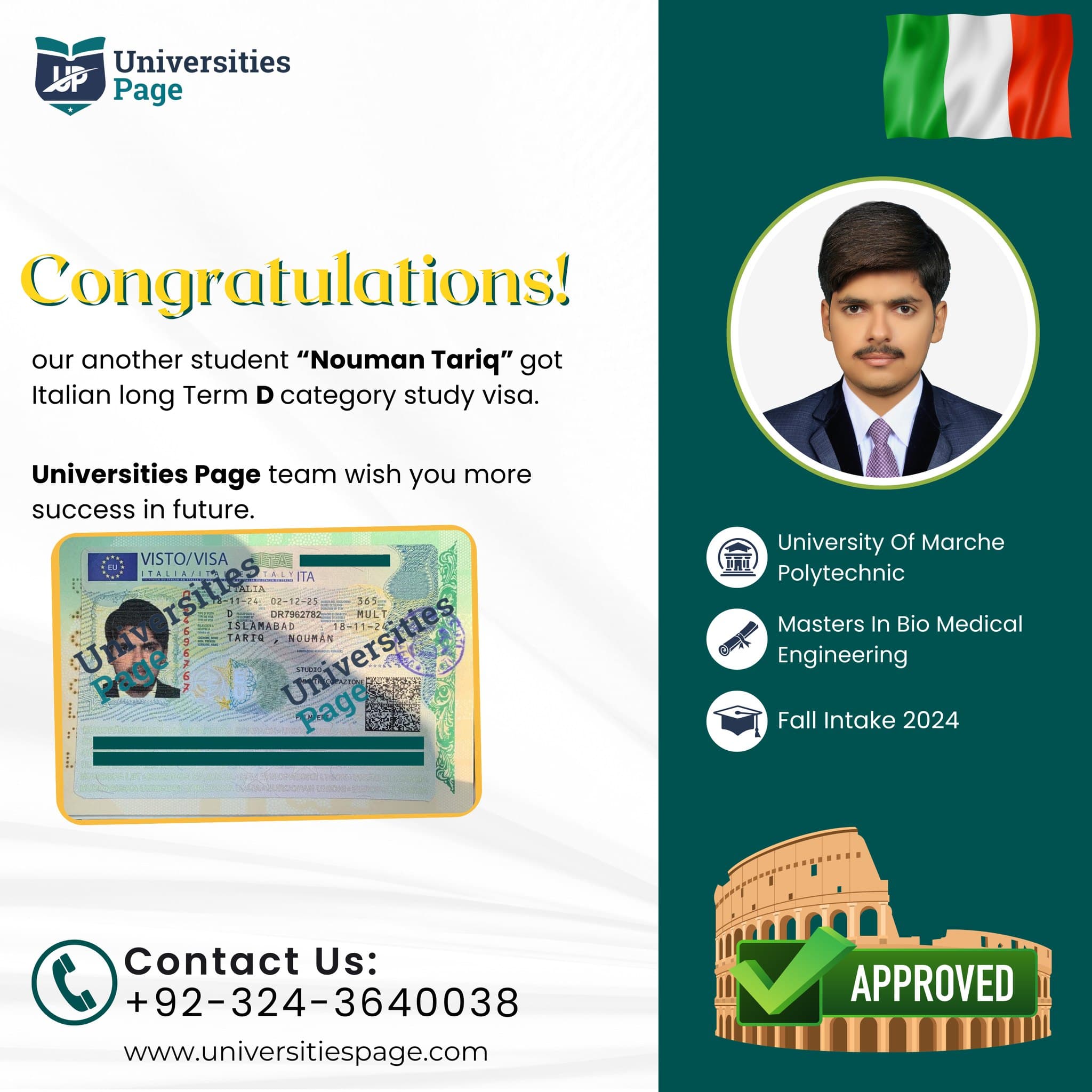 Success Story for Italy study visa by Universities page visa consultant in pakistan