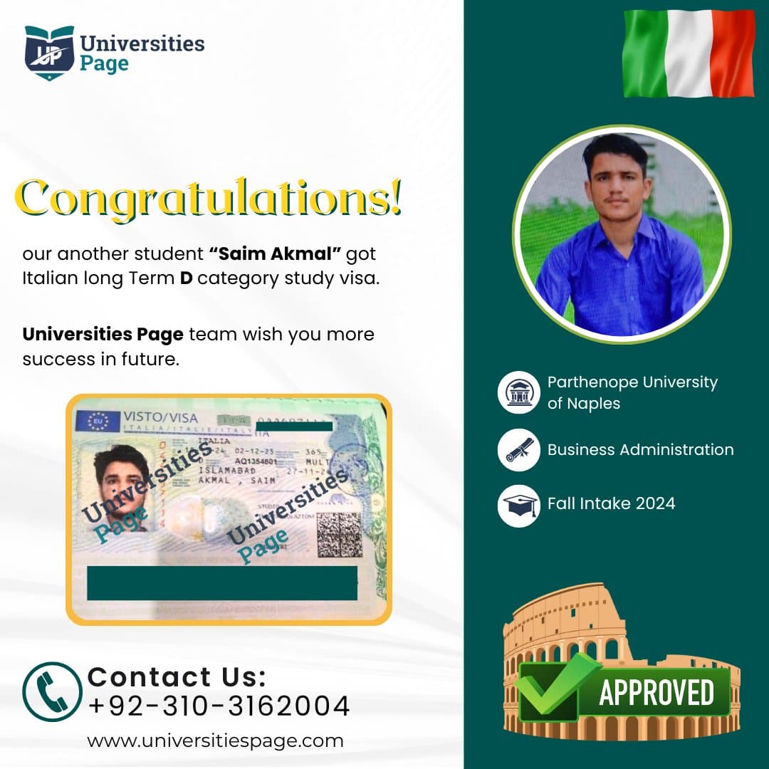 Success Story for Italy study visa by Universities page visa consultant in pakistan