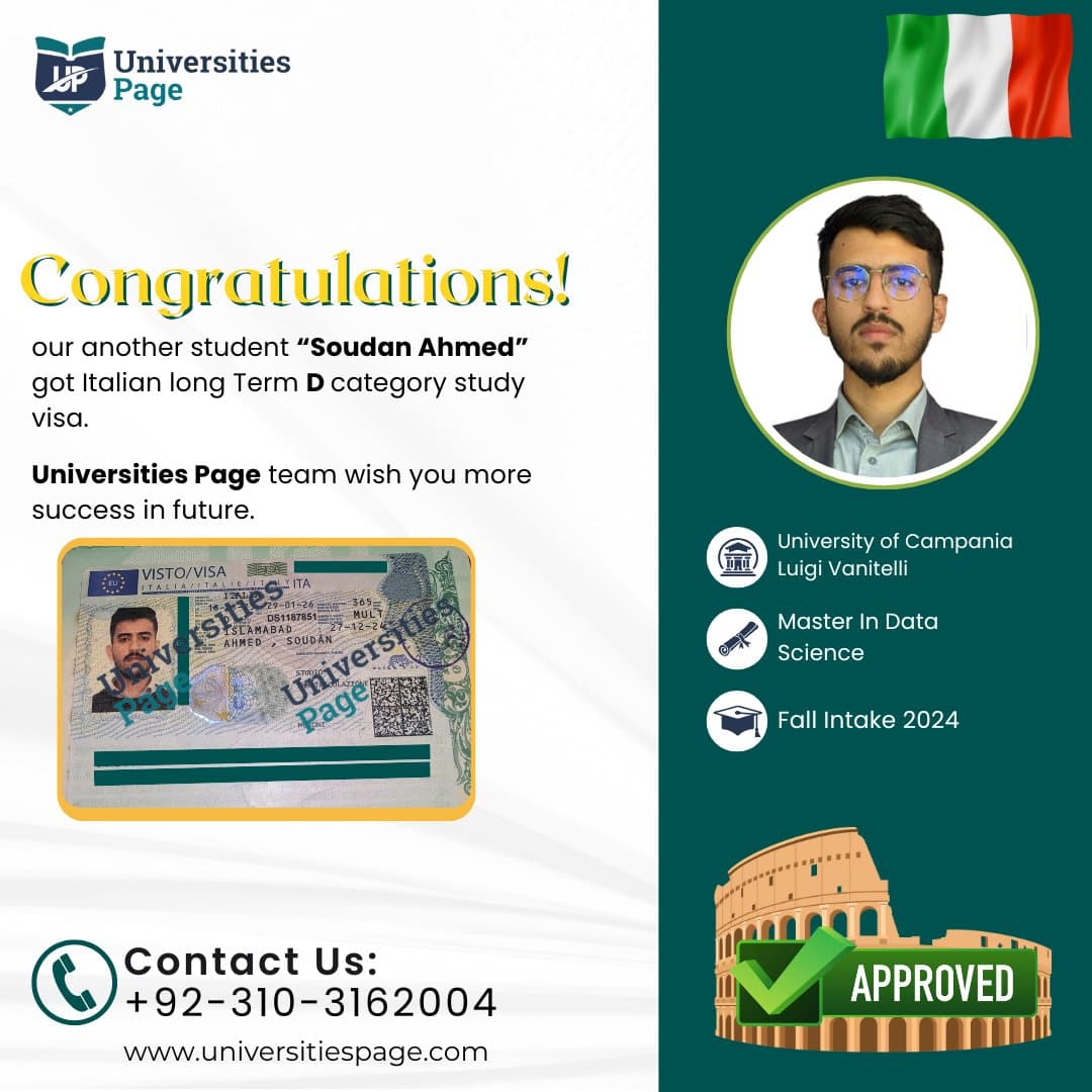 Success Story for Italy study visa by Universities page visa consultant in pakistan