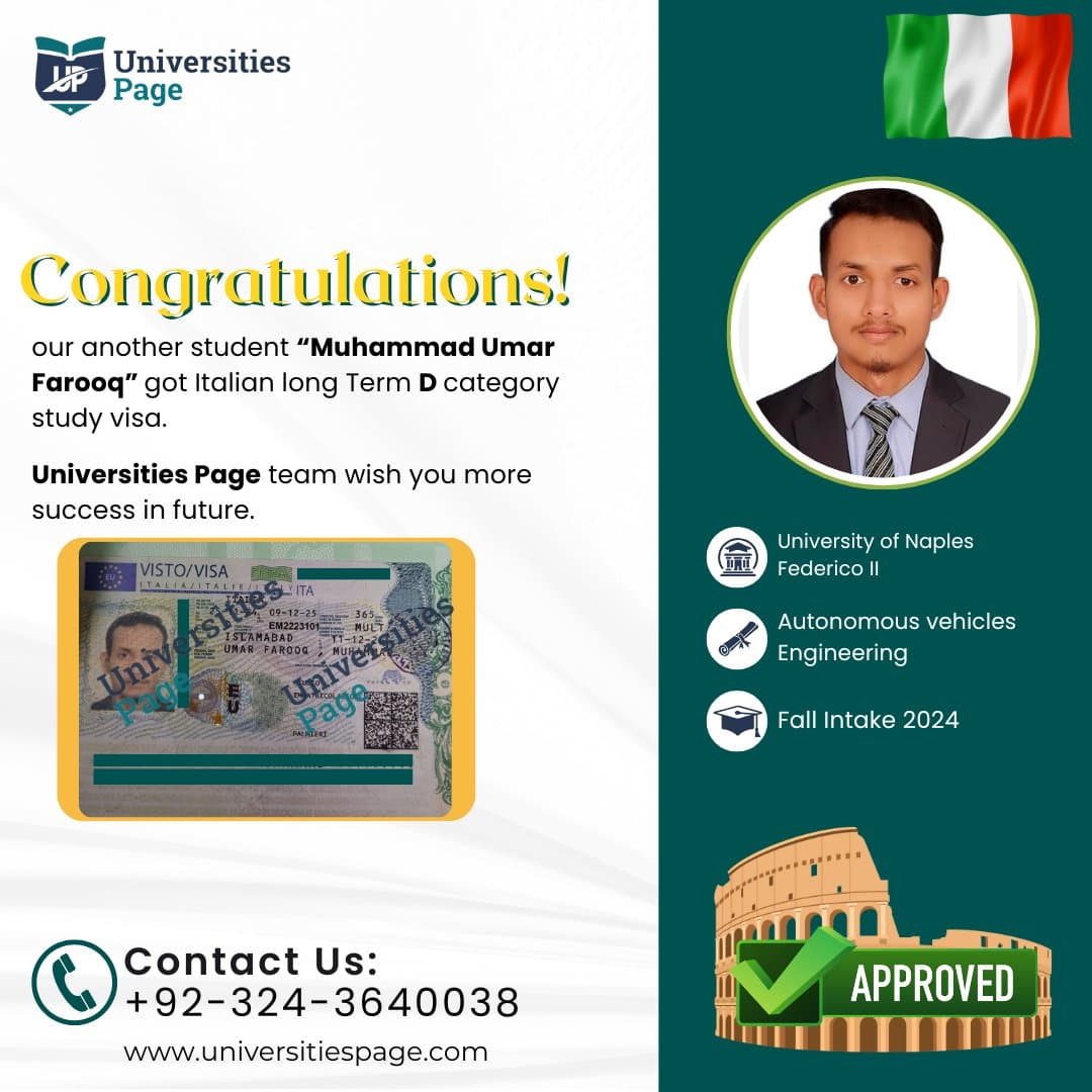 Success Story for Italy study visa by Universities page visa consultant in pakistan