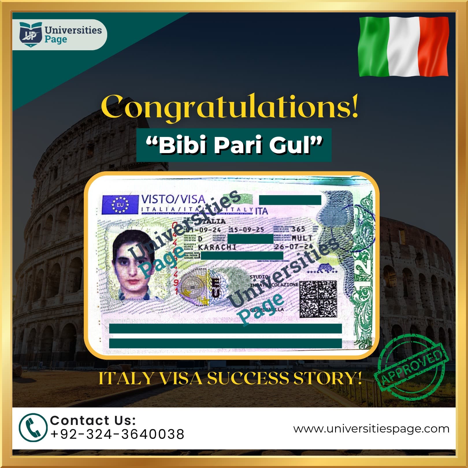 Success Story for Italy study visa by Universities page visa consultant in pakistan
