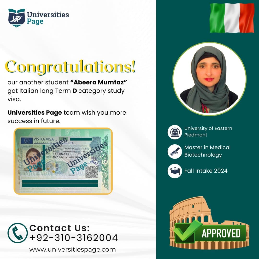 Success Story for Italy study visa by Universities page visa consultant in pakistan