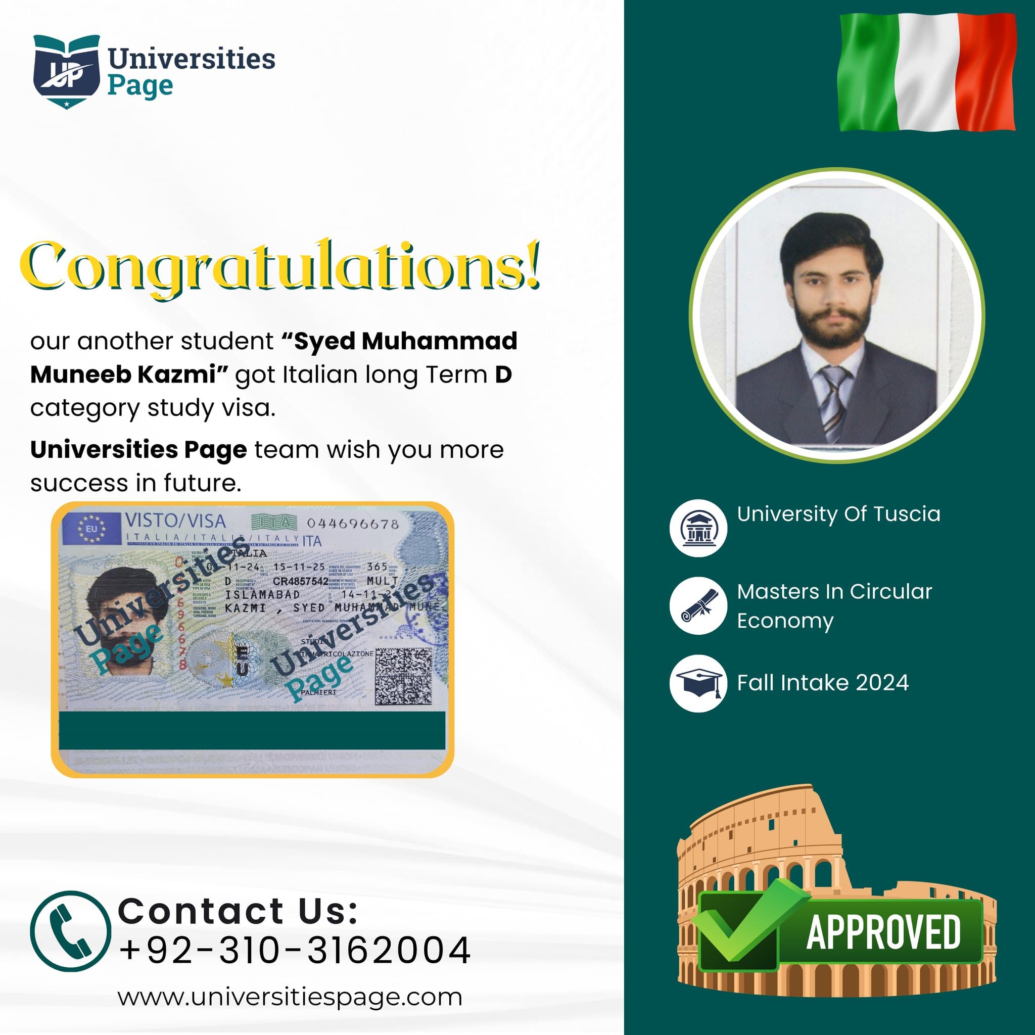 Success Story for Italy study visa by Universities page visa consultant in pakistan