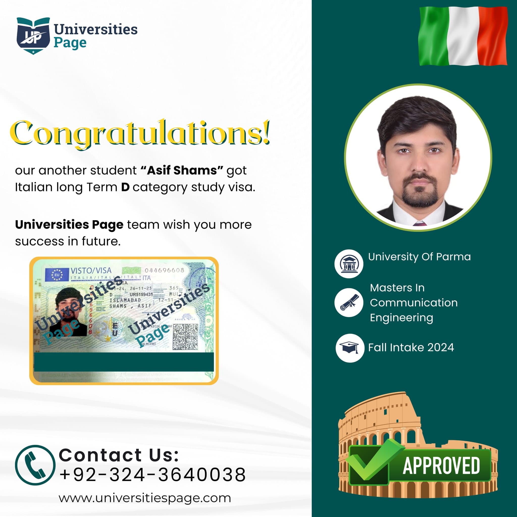 Success Story for Italy study visa by Universities page visa consultant in pakistan