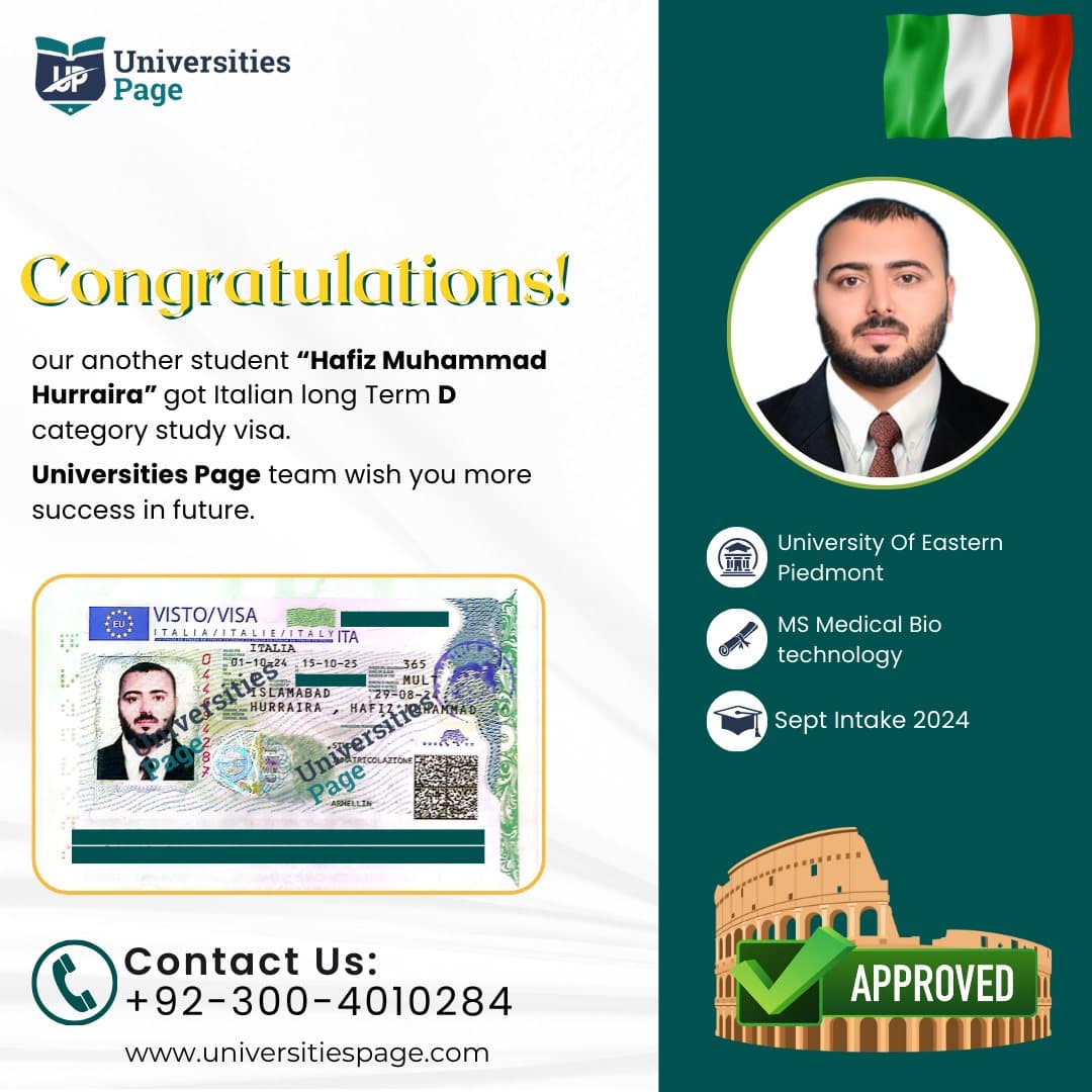 Success Story for Italy study visa by Universities page visa consultant in pakistan