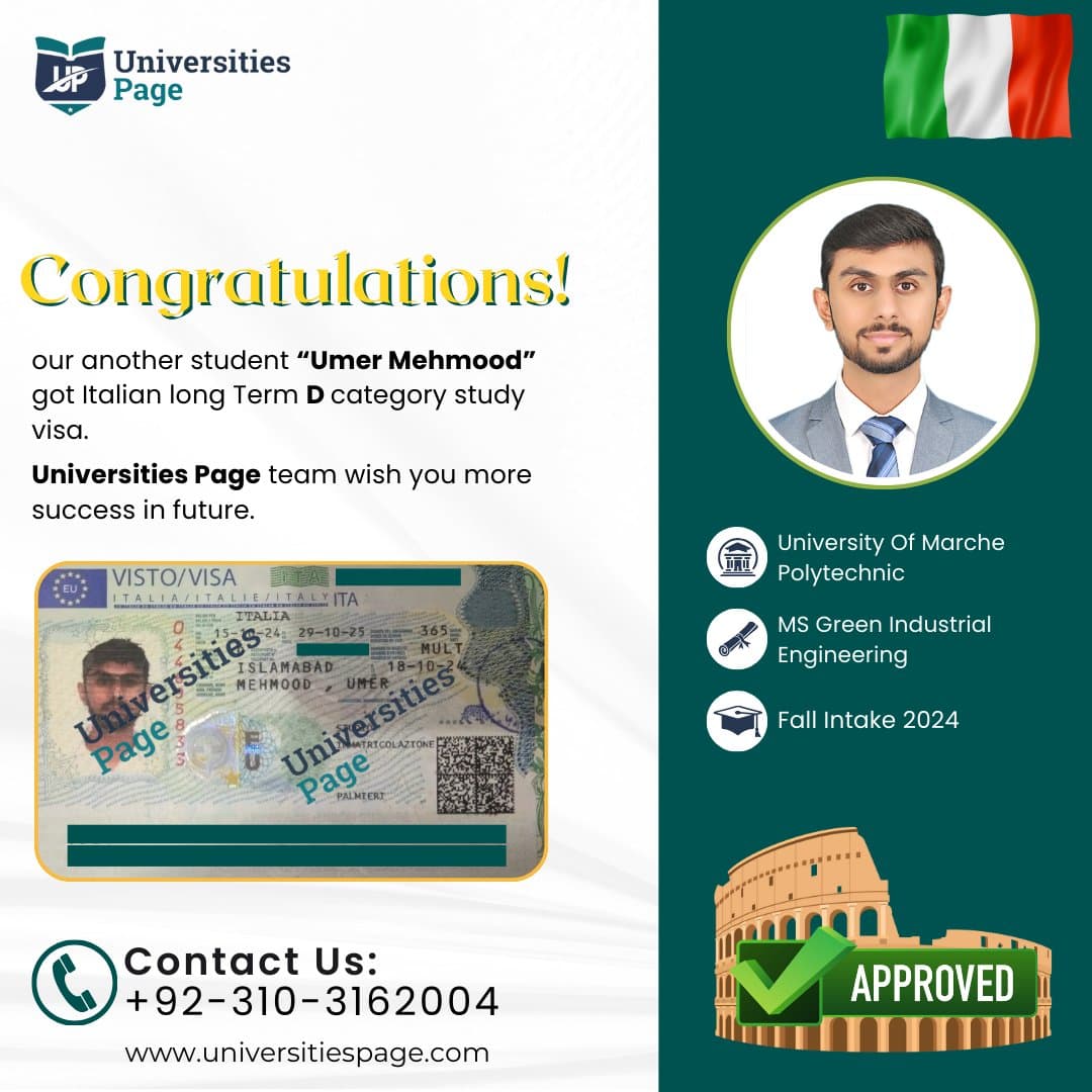 Success Story for Italy study visa by Universities page visa consultant in pakistan