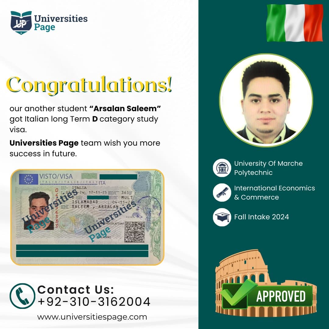 Success Story for Italy study visa by Universities page visa consultant in pakistan