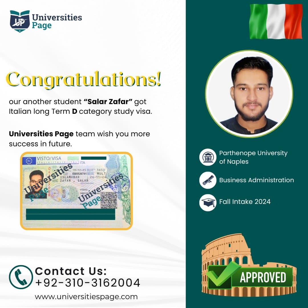 Success Story for Italy study visa by Universities page visa consultant in pakistan