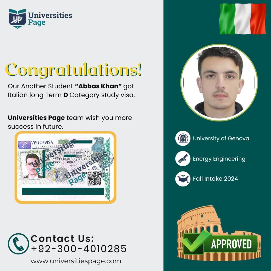 Success Story for Italy study visa by Universities page visa consultant in pakistan