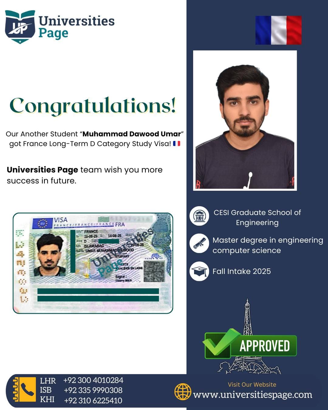 Success Story for France visa by Universities page visa consultant
