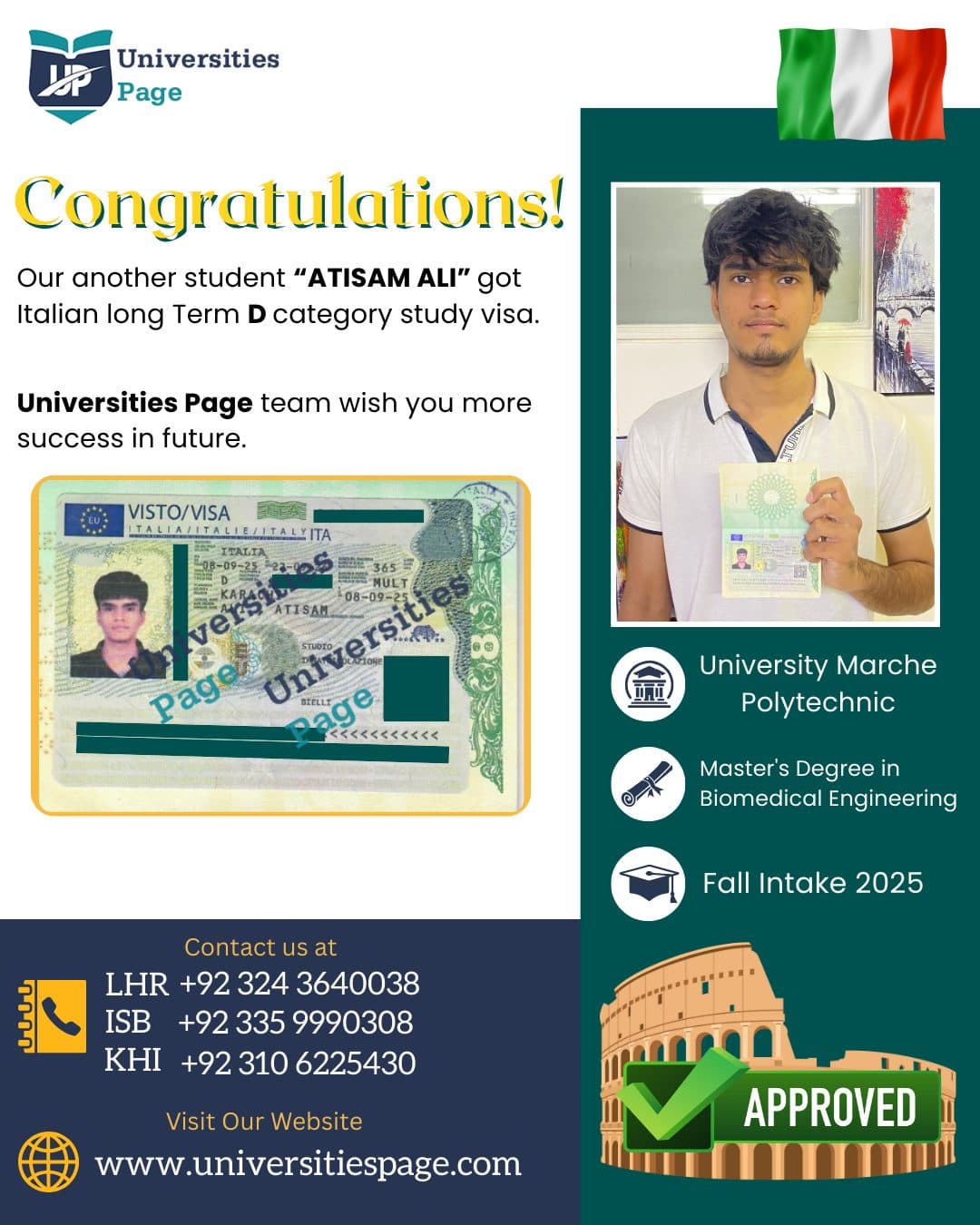 Success Story for Italy study visa by Universities page visa consultant in pakistan