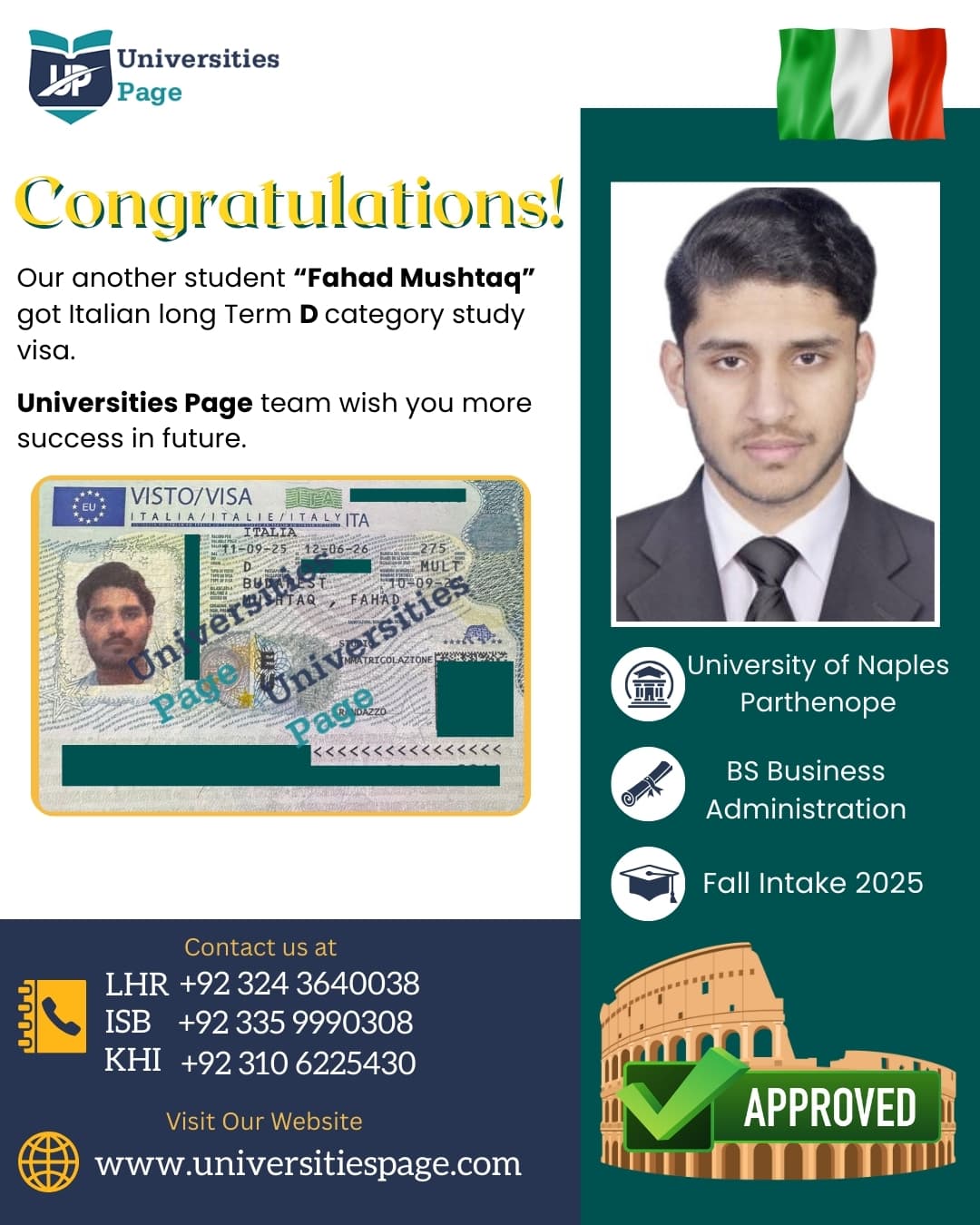 Success Story for Italy study visa by Universities page visa consultant in pakistan