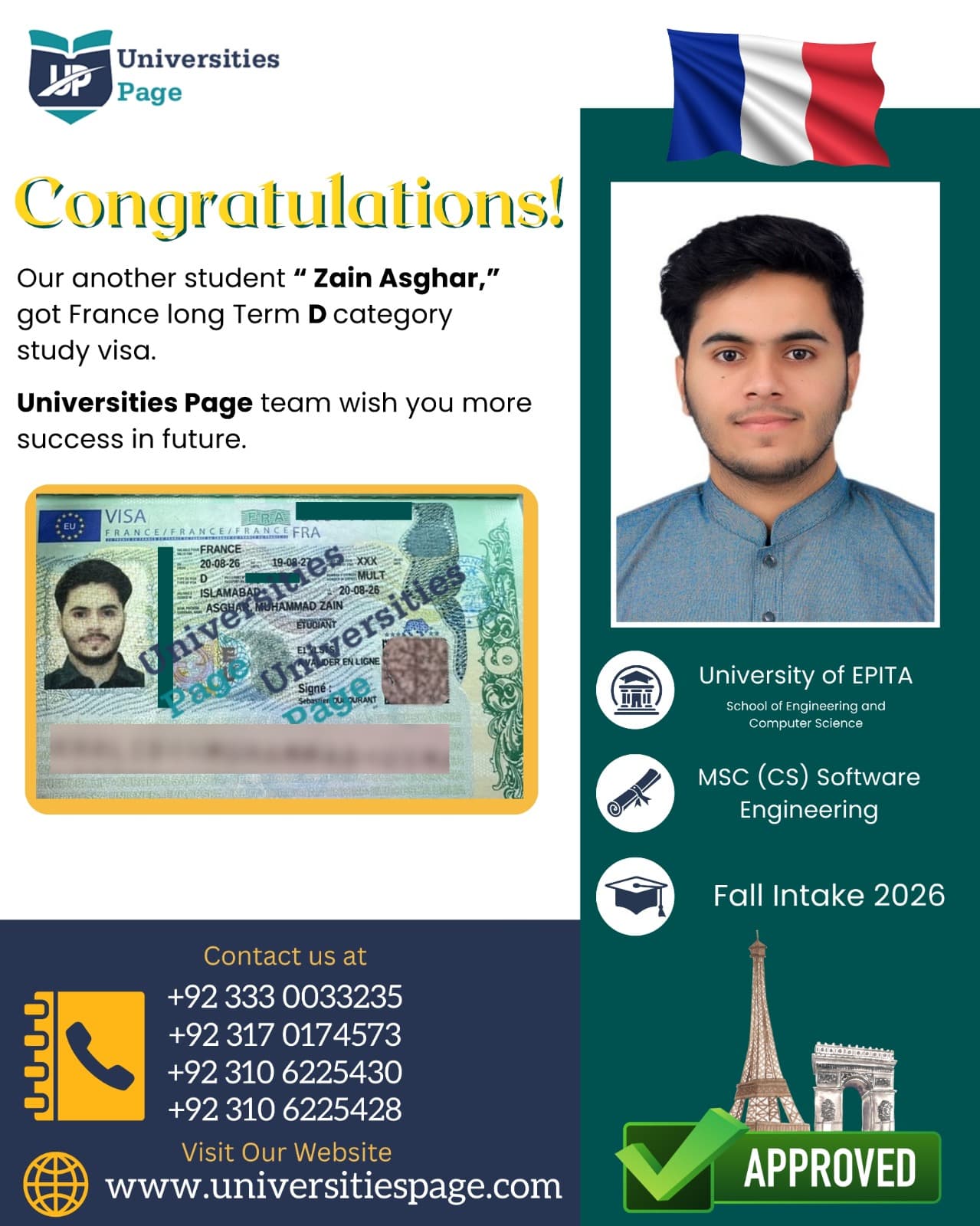 Success Story for France Study Visa by Universities Page Visa Consultant in Lahore