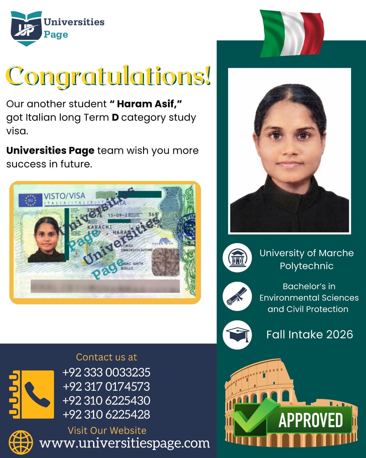 Success Story for Italy Study Visa by Universities Page Visa Consultant in Lahore